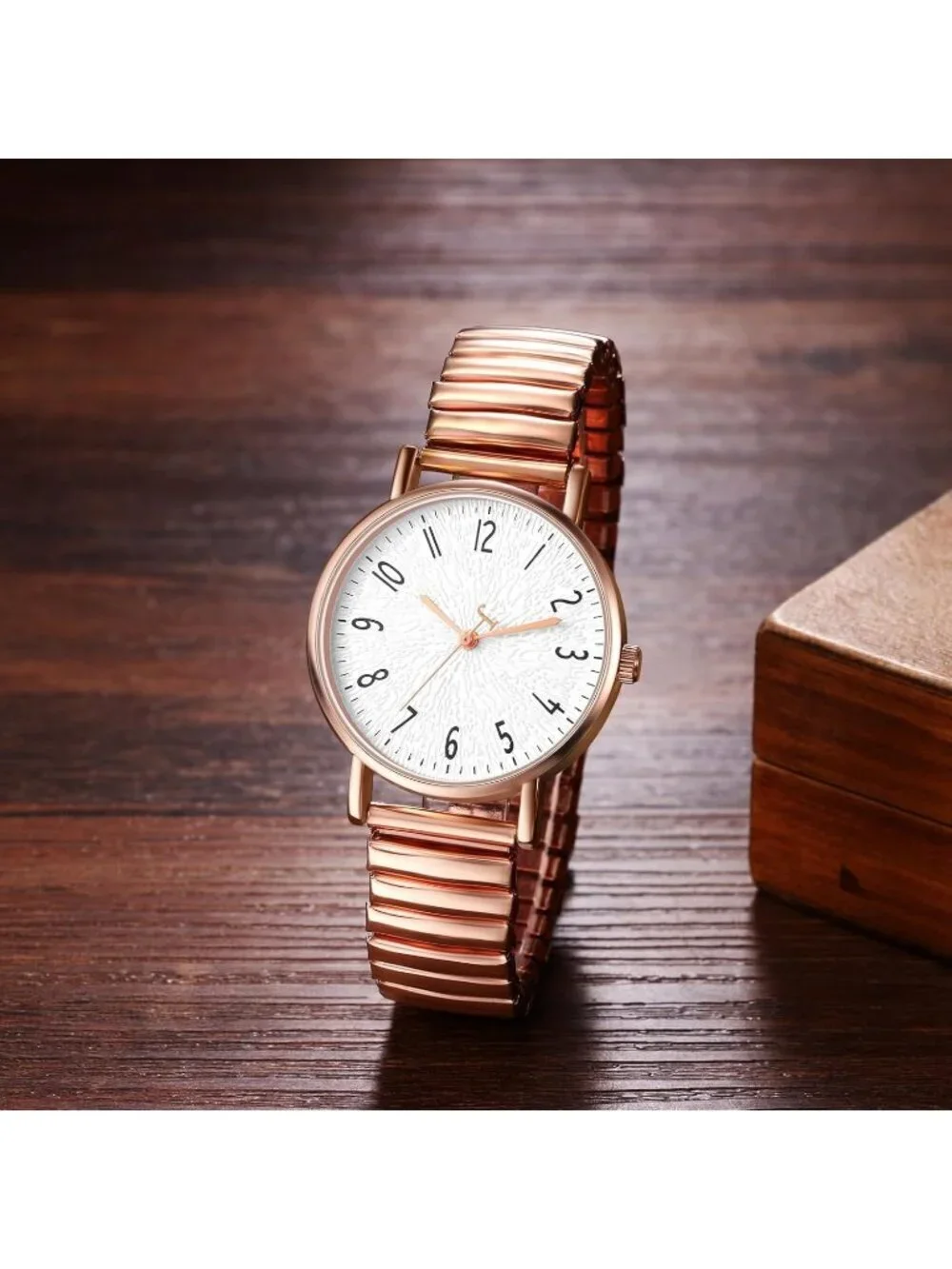 Women's Rose Gold Analog Quartz Big Dial Elastic Stretch Band Casual Wrist Watch